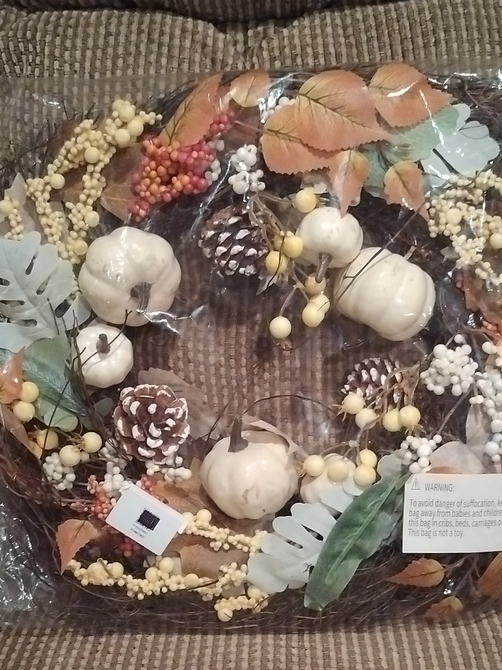 Autumn Harvest Fall Wreath with White Pumpkins 18 In